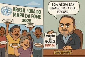 Charge critica a politização de temas sociais: enquanto o Brasil sai do Mapa da Fome, vereador de Americana Lucas Leocine rejeita moção de aplausos e divulga ação em suas redes sociais. Com informações de IA